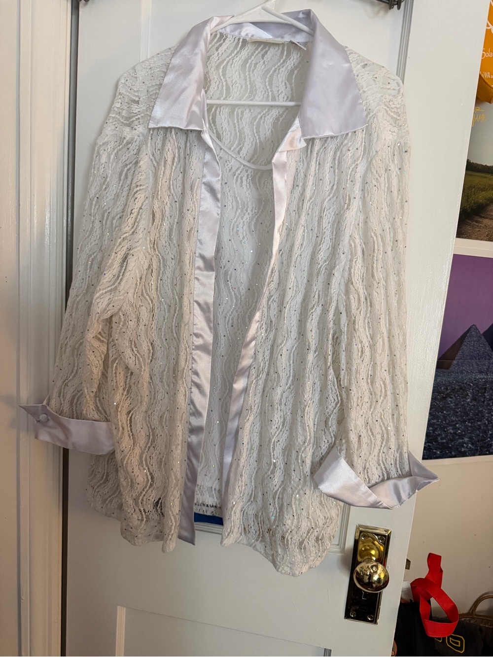 Vintage white lace sheer sequin satin trim formal tank top jacket 2 piece set